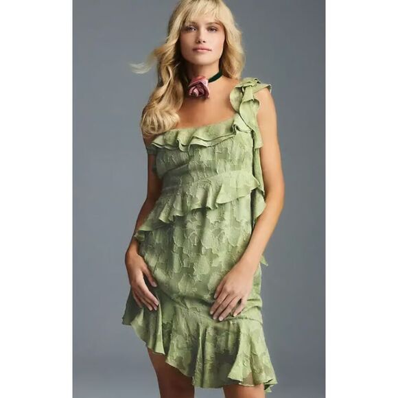 BHLDN by Anthropologie Wren Jacquard Asymmetrical Midi Dress in Green Size 10 - Picture 1 of 9